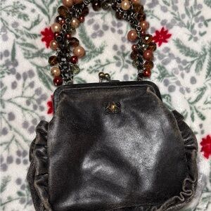 Liz Soto distressed Black vegan Leather Clutch with Beaded Handle